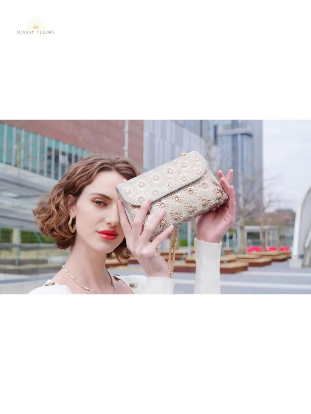 Rhinestone Evening Bag with Chain - Clutch Purse for Women